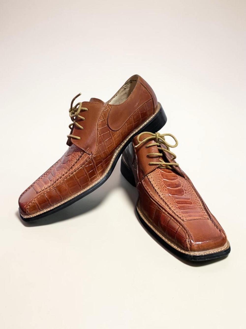 Stacy Adams Brown Cognac Croc Embossed Leather Oxford Shoes Mens 9.5M Square Toe